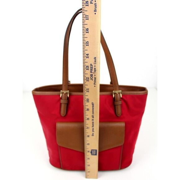 MICHAEL KORS RED NYLON CANVAS TAN BROWN GENUINE LEATHER TRIM TOTE SHOULDER BAG - Picture 11 of 14